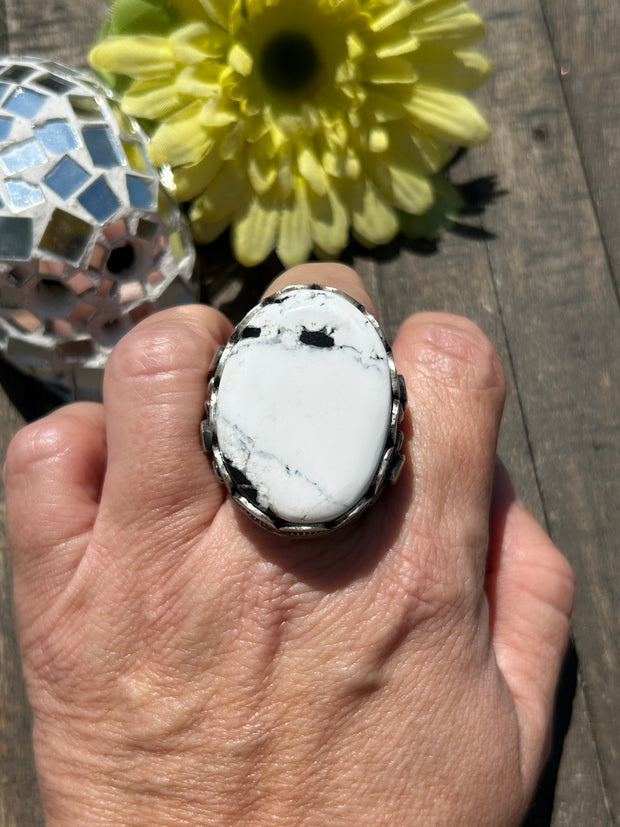 Single Stone White Buffalo Dome Ring Sz. 10