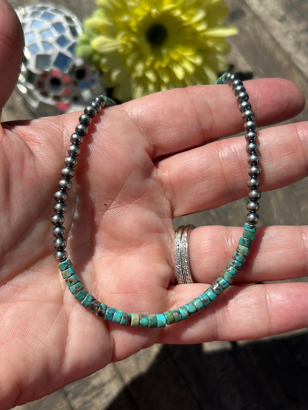 18" "Navajo Style" Pearls and Turquoise Necklace