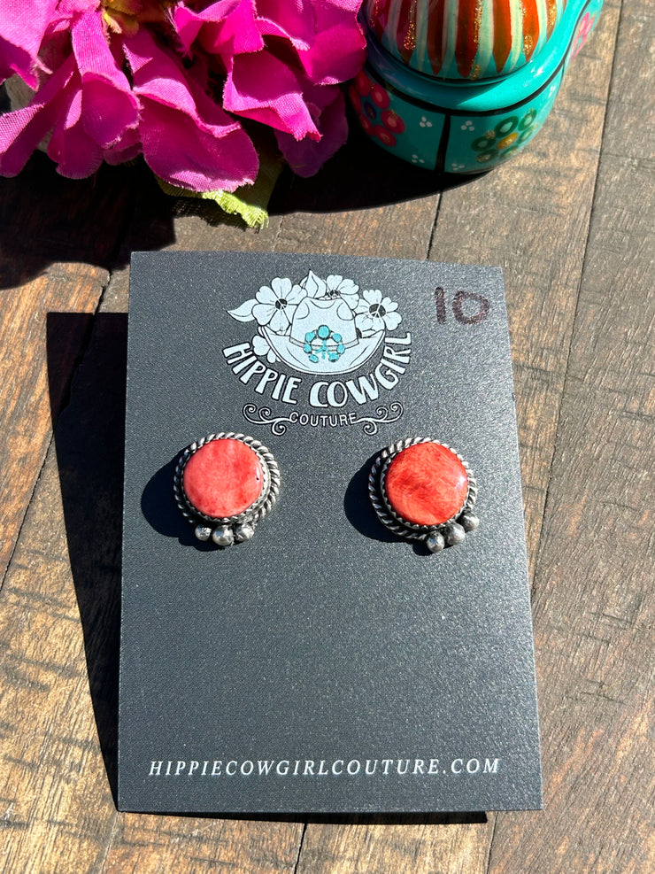 Red Spiny Single Stone Earrings #10