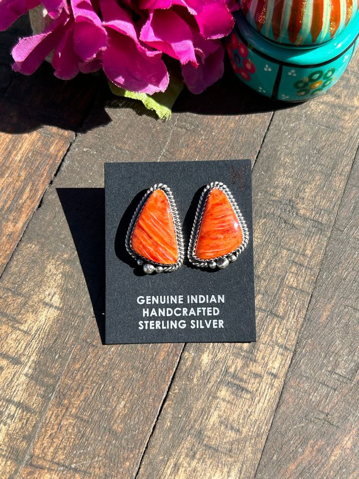 Orange Spiny Single Stone Earrings- K