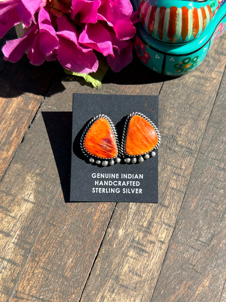 Orange Spiny Single Stone Earrings- L