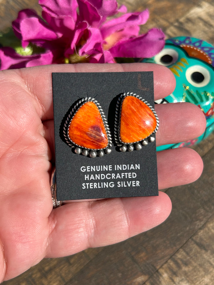 Orange Spiny Single Stone Earrings- L