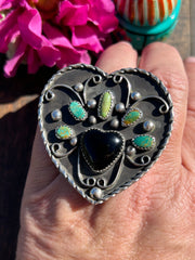 Adjustable Kingman And Black Onyx Heart Ring #6