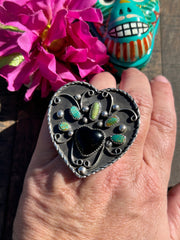 Adjustable Kingman And Black Onyx Heart Ring #6