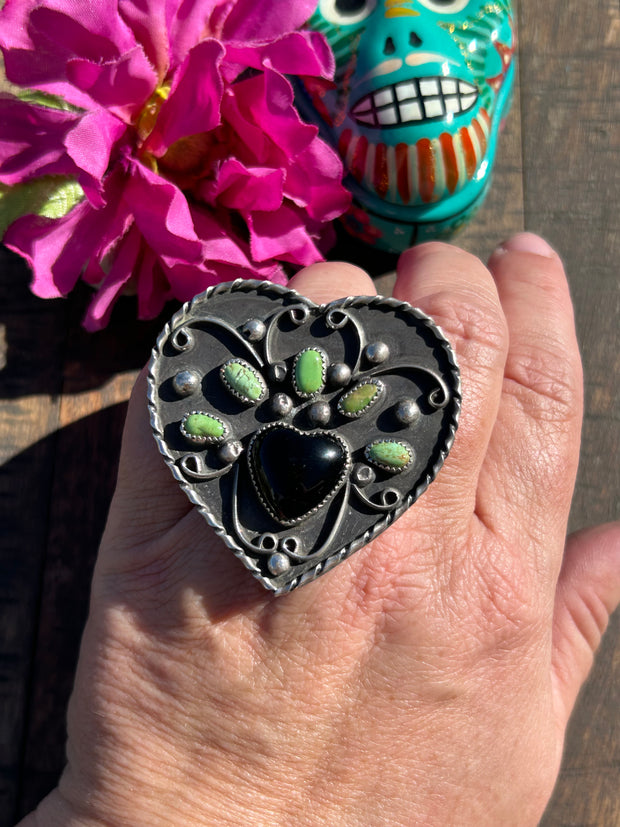 Adjustable Kingman And Black Onyx Heart Ring #7