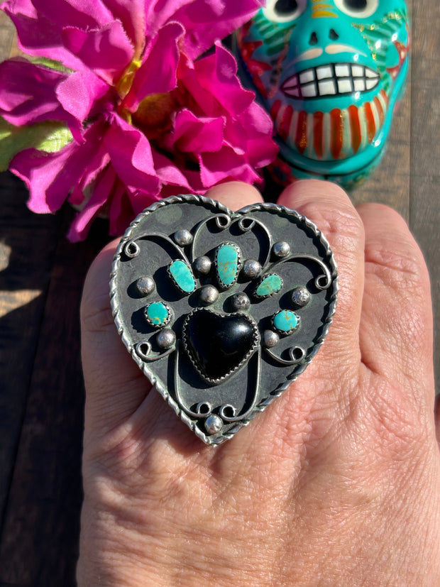 Adjustable Kingman And Black Onyx Heart Ring #8