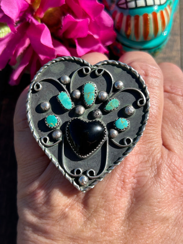 Adjustable Kingman And Black Onyx Heart Ring #8