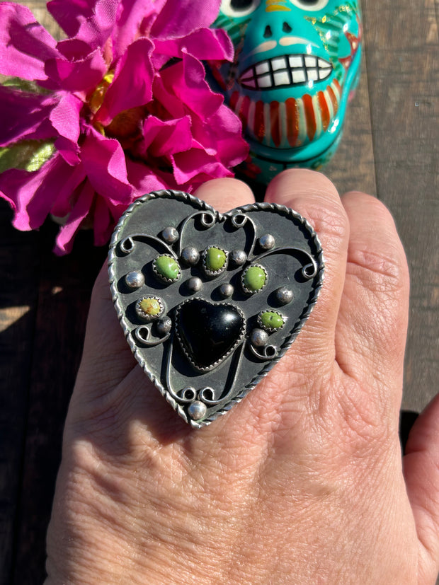 Adjustable Kingman And Black Onyx Heart Ring #9