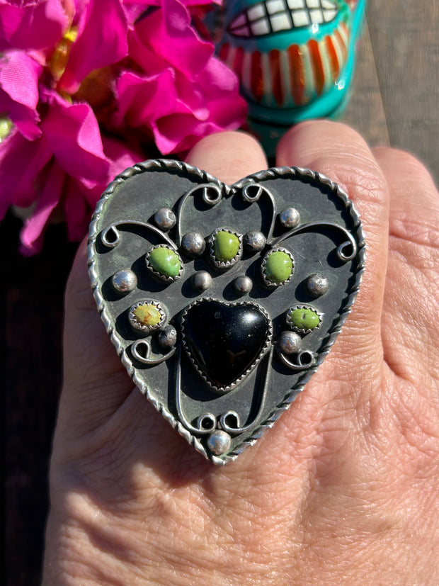 Adjustable Kingman And Black Onyx Heart Ring #9