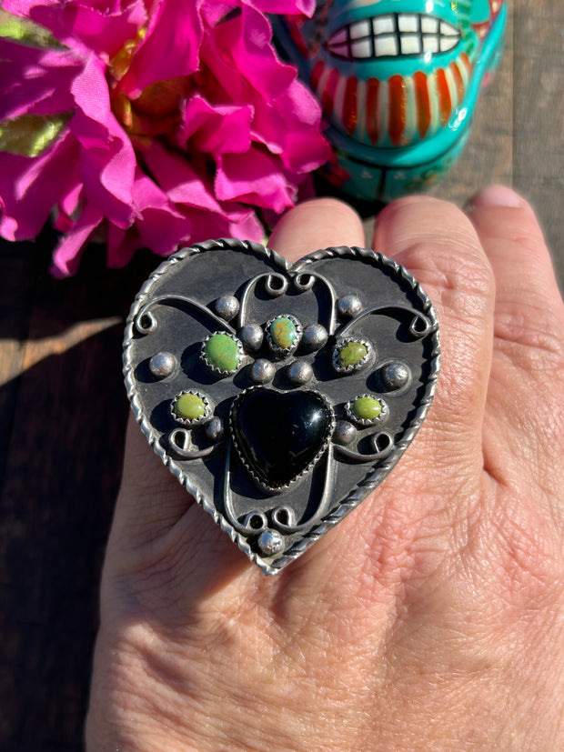 Adjustable Kingman And Black Onyx Heart Ring #10