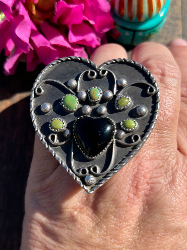 Adjustable Kingman And Black Onyx Heart Ring #10