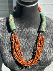 Inlay Kingman and Coral Necklace