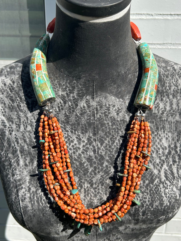 Inlay Kingman and Coral Necklace