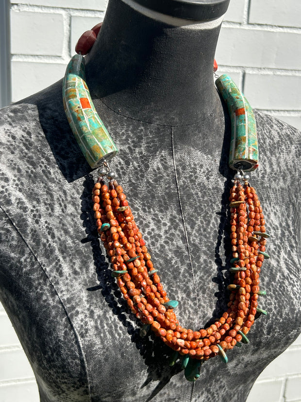 Inlay Kingman and Coral Necklace