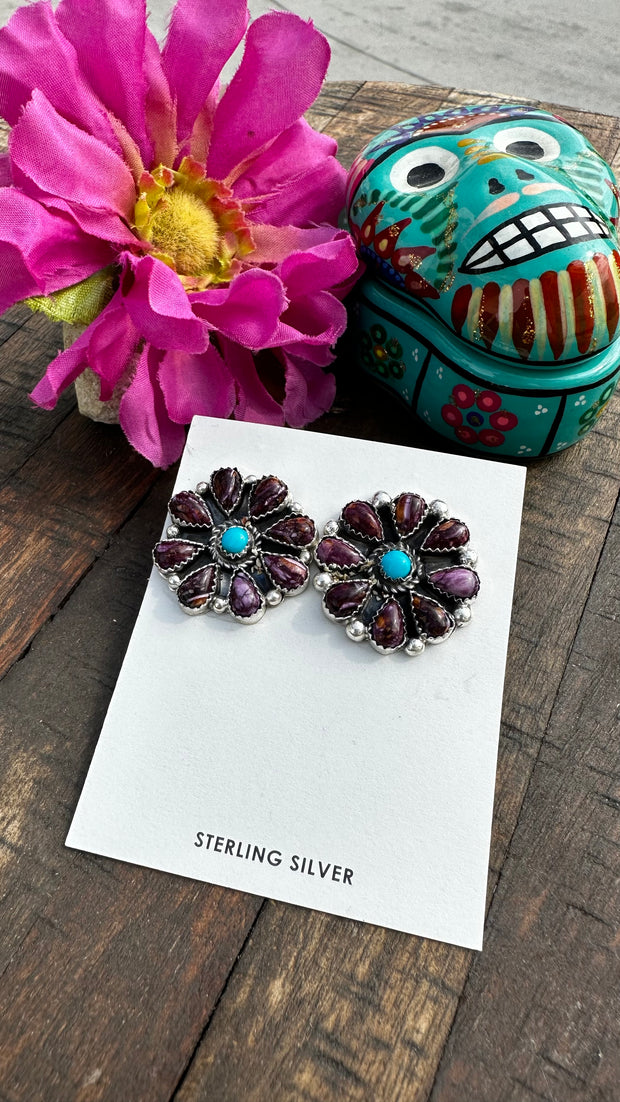 Purple Spiny and Kingman Turquoise Cluster Earrings