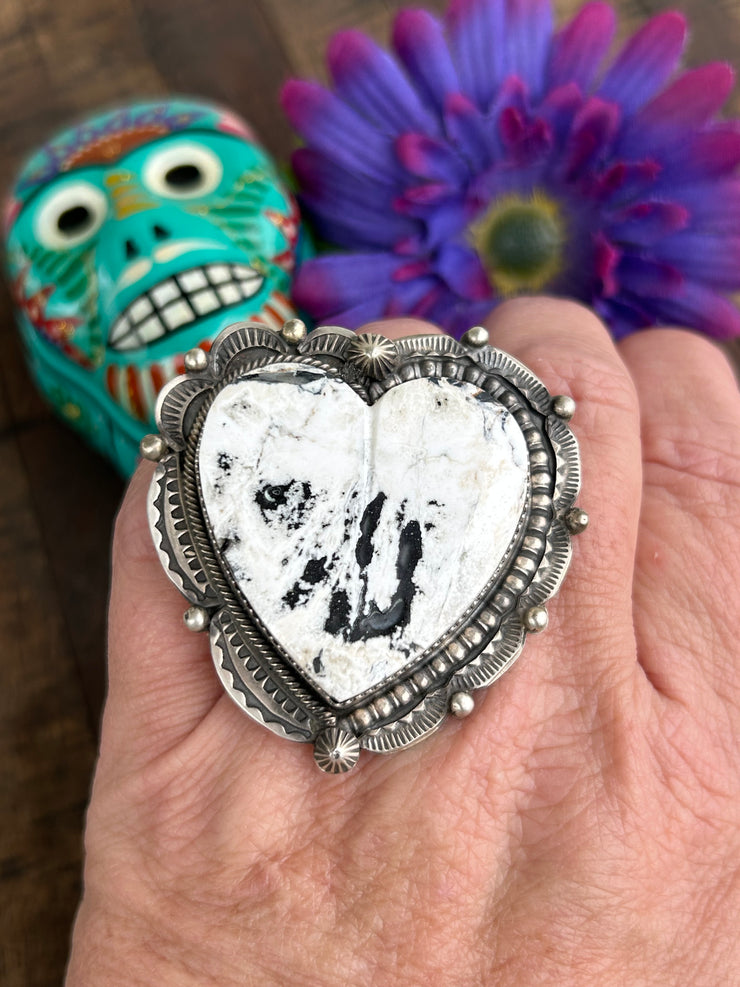 Adjustable White Buffalo Heart Ring