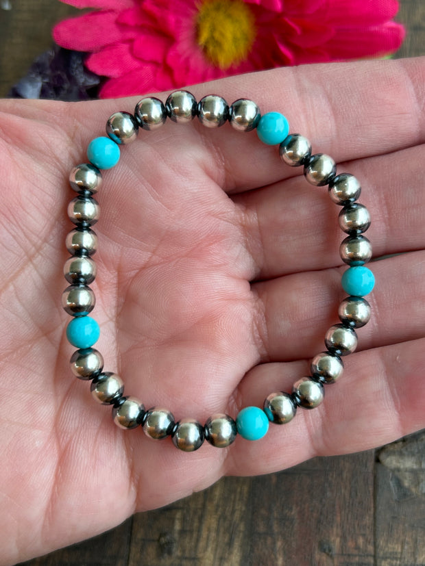 6mm Sterling Pearl and Turquoise Stretch Bracelet