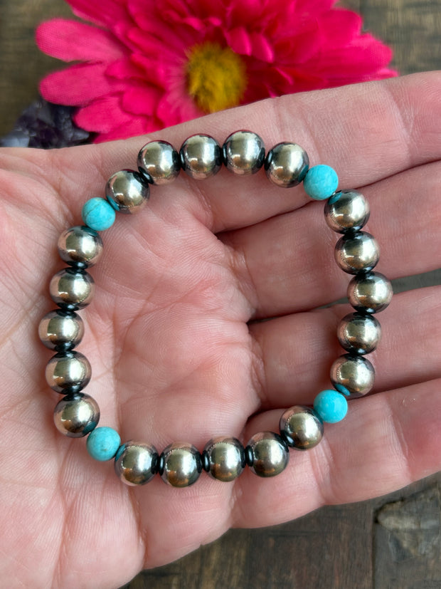 8mm Sterling Pearl and Turquoise Stretch Bracelet