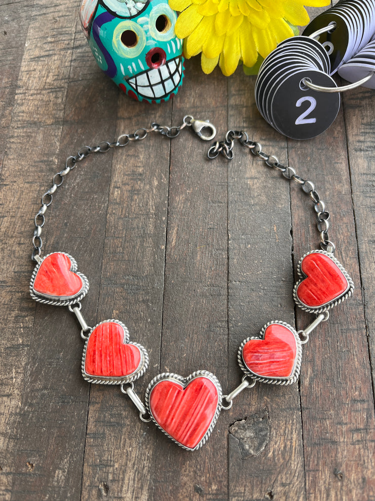 Red Spiny 5 Heart Necklace-2