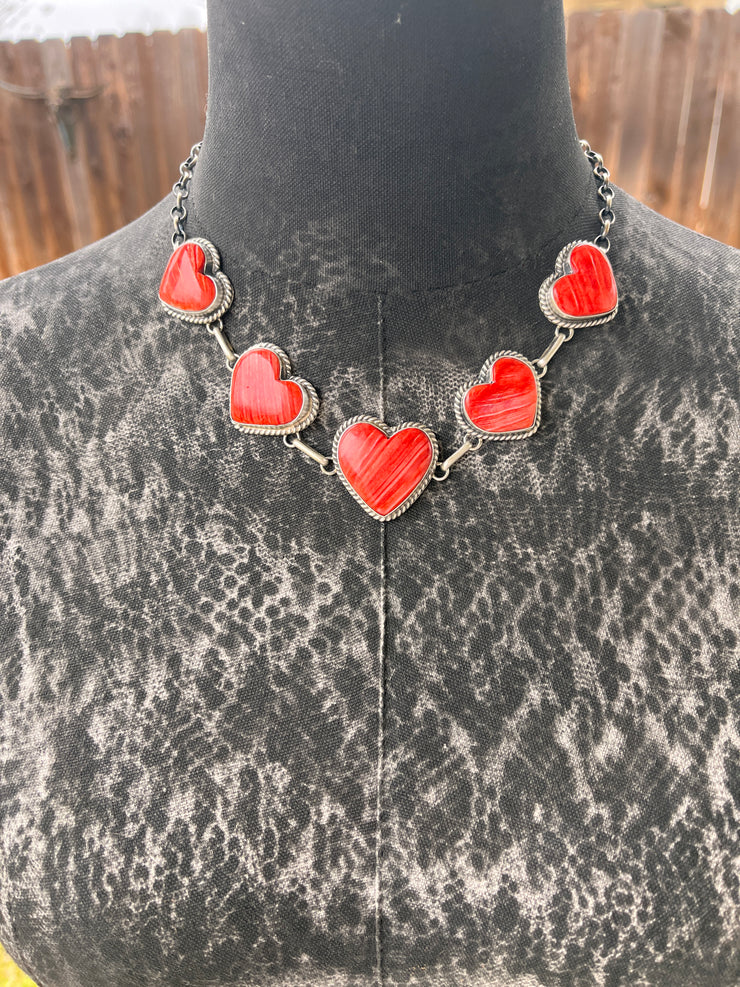 Red Spiny 5 Heart Necklace-2
