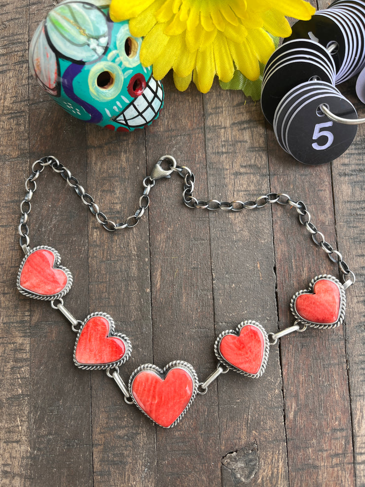 Red Spiny 5 Heart Necklace-5