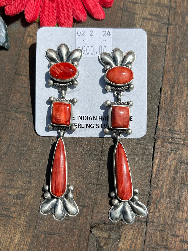 Red Spiny Dangle Earrings- A