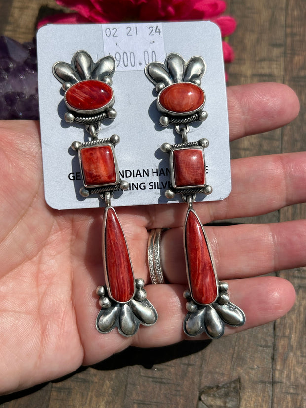 Red Spiny Dangle Earrings- A