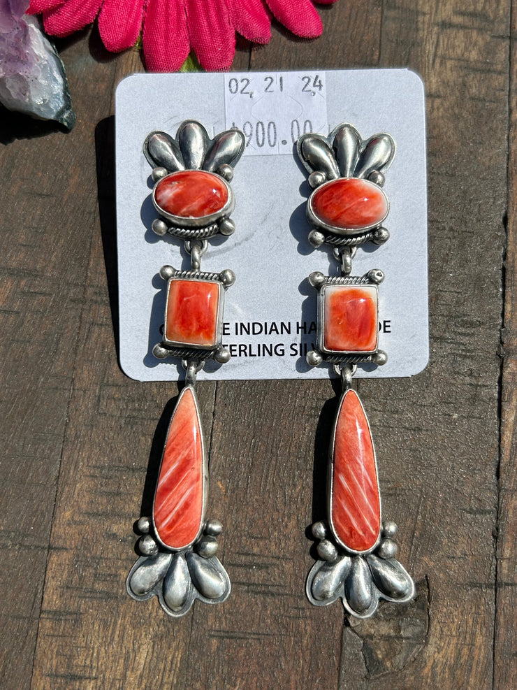 Red Spiny Dangle Earrings- B