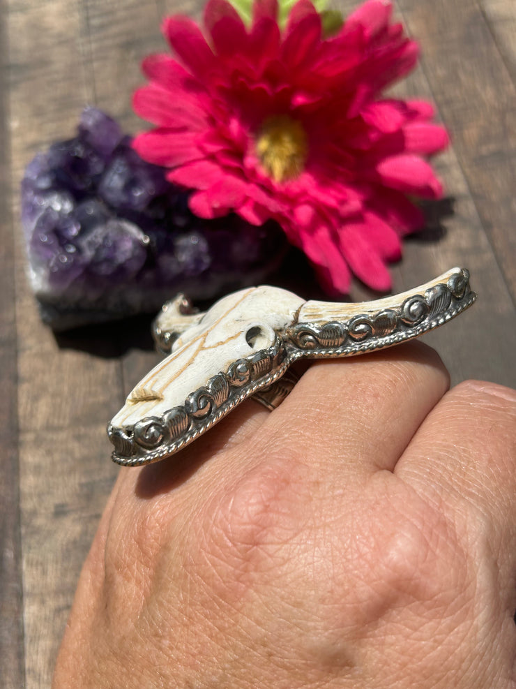 Adjustable Carved Bone Longhorn Ring