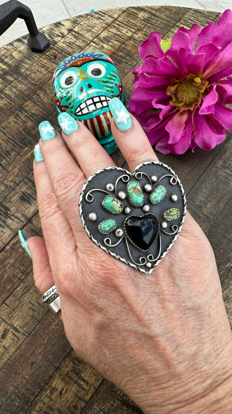 Adjustable Kingman And Black Onyx Heart Ring #2