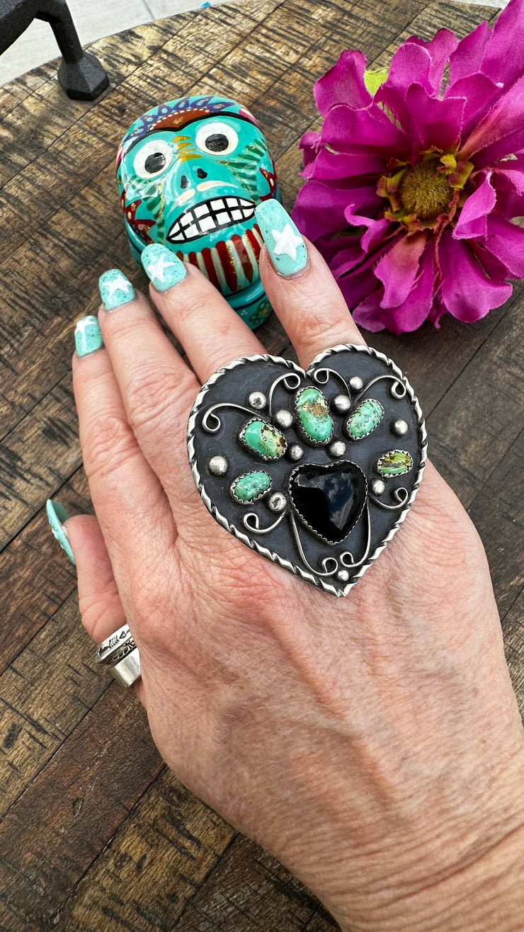 Adjustable Kingman And Black Onyx Heart Ring #2