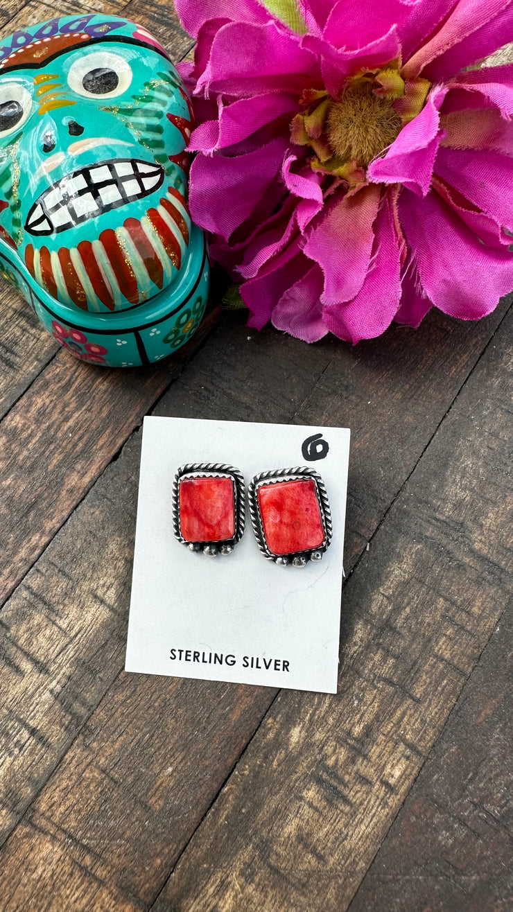Red Spiny Single Stone Earrings #6