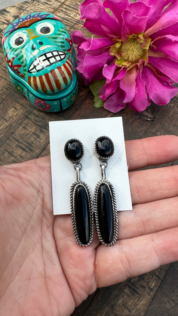 2 Stone Black Onyx Dangle Earrings