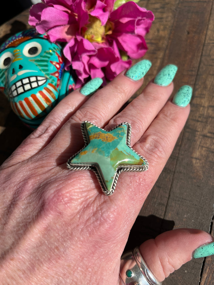 Adjustable Kingman Turquoise Star Ring- B