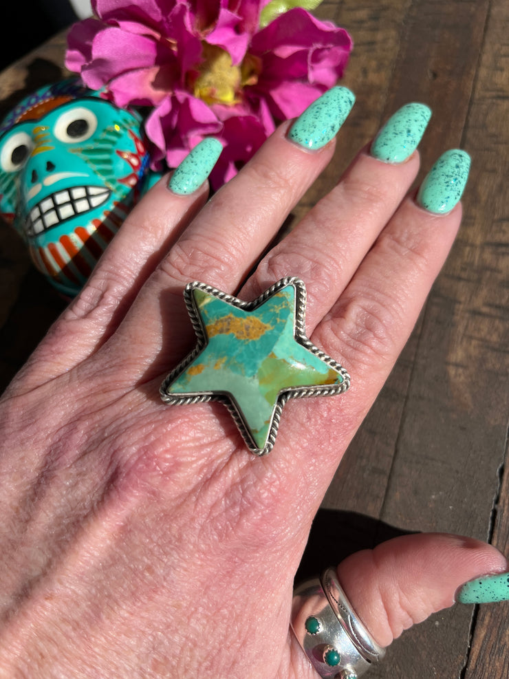 Adjustable Kingman Turquoise Star Ring- B