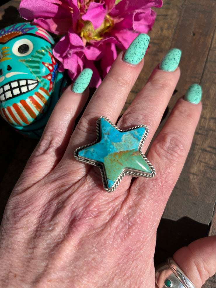 Adjustable Kingman Turquoise Star Ring- C