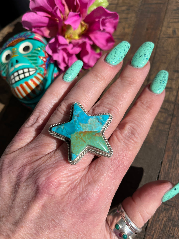 Adjustable Kingman Turquoise Star Ring- C