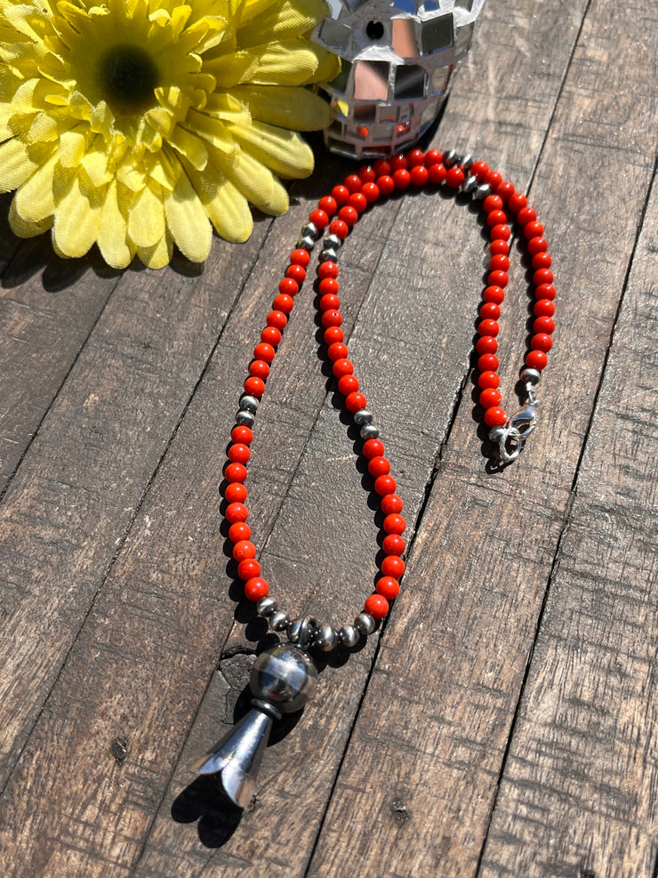 Coral Bead Necklace with Squash Blossom Pendant