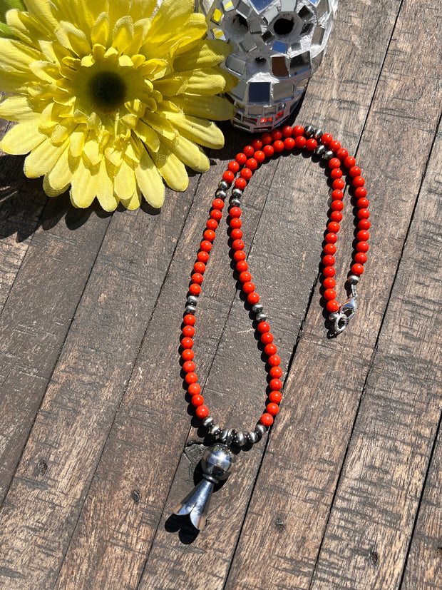 Coral Bead Necklace with Squash Blossom Pendant