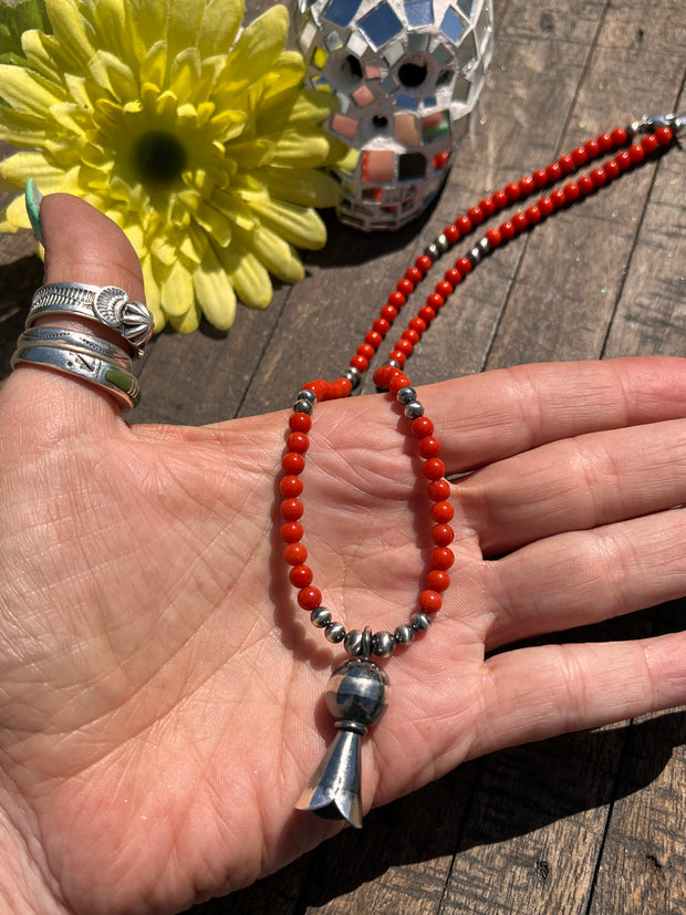 Coral Bead Necklace with Squash Blossom Pendant