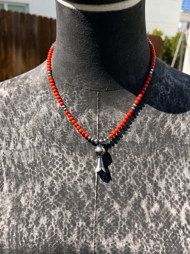 Coral Bead Necklace with Squash Blossom Pendant