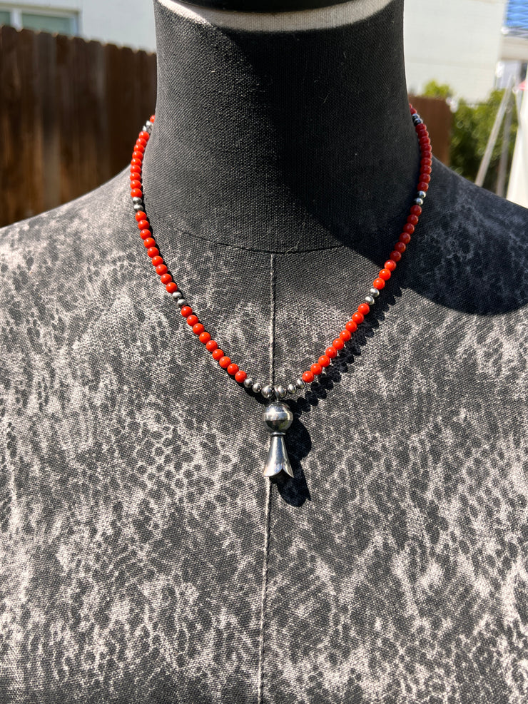 Coral Bead Necklace with Squash Blossom Pendant