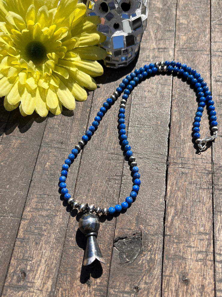 Lapis Bead Necklace with Squash Blossom Pendant