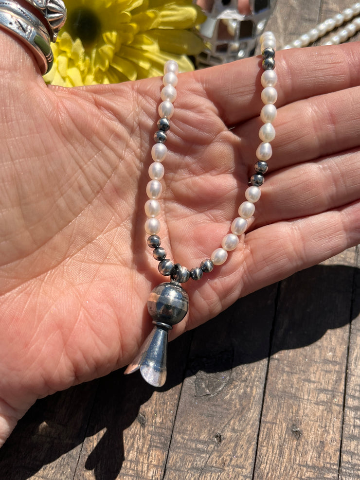 Pearl Bead Necklace with Squash Blossom Pendant