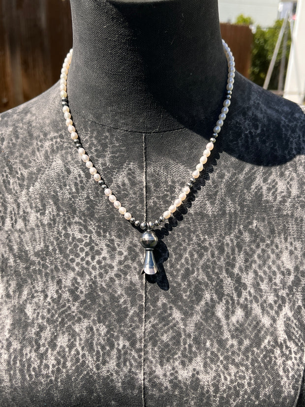 Pearl Bead Necklace with Squash Blossom Pendant