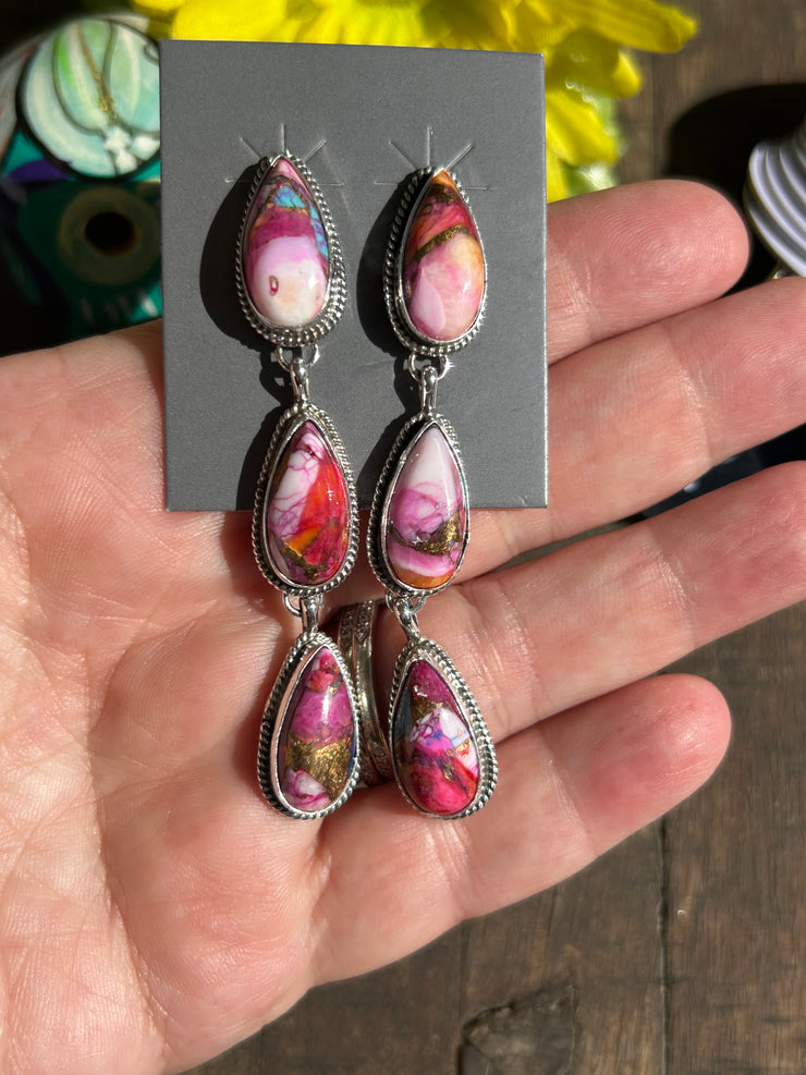3 Stone Pink Dahlia Earrings #2