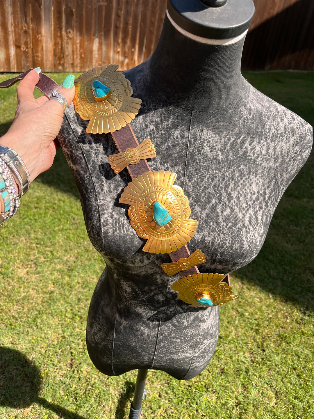 NEW Turquoise Gold Concho Brown Boho belt gold tone hardware Gold Concho Chain Belt: Turquoise Stone, Western Cowgirl  main image 3
