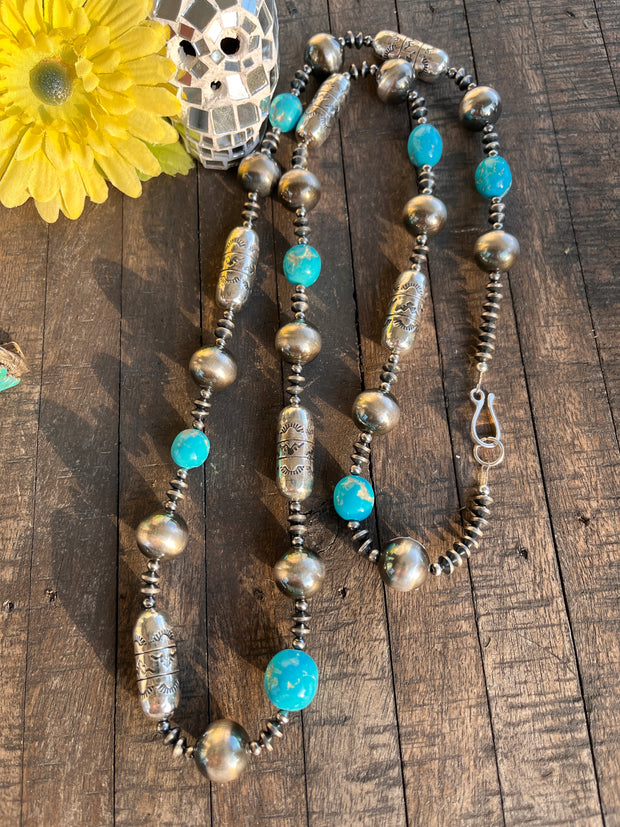 39" Stamped Pearl and Kingman Necklace