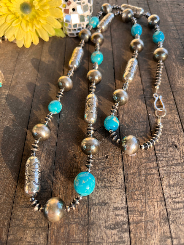 39" Stamped Pearl and Kingman Necklace