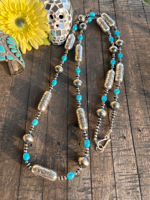 41" Stamped Pearl and Kingman Necklace